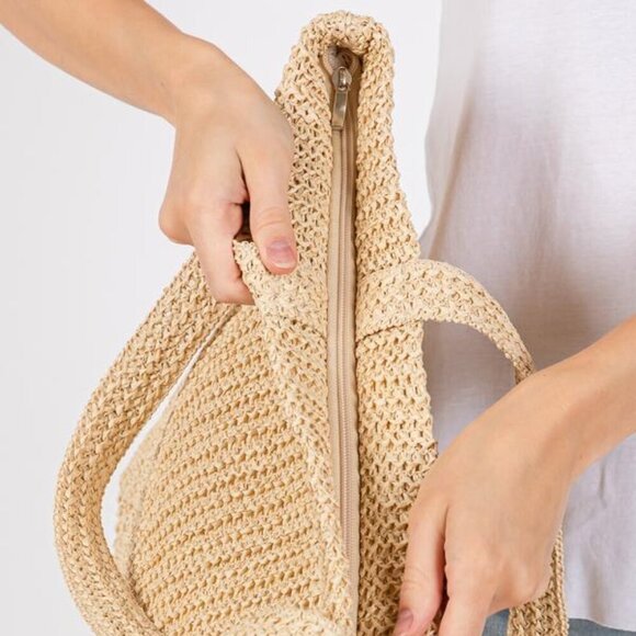 Solid Color Crochet Straw Tote Beach Bag - Beige/Natural - Picture 4 of 5